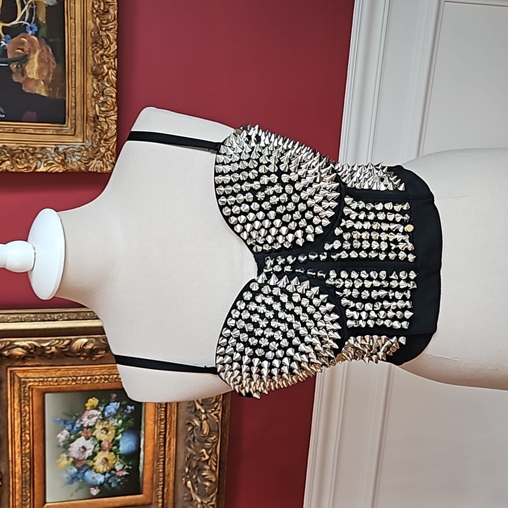 Madonna Style Metallic Studs Bustier Bra Corset Top 36 Large Black Silver